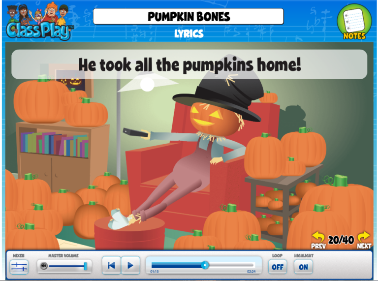 Image of the Lyrics screen from QuaverMusic's "Pumpkin Bones"
