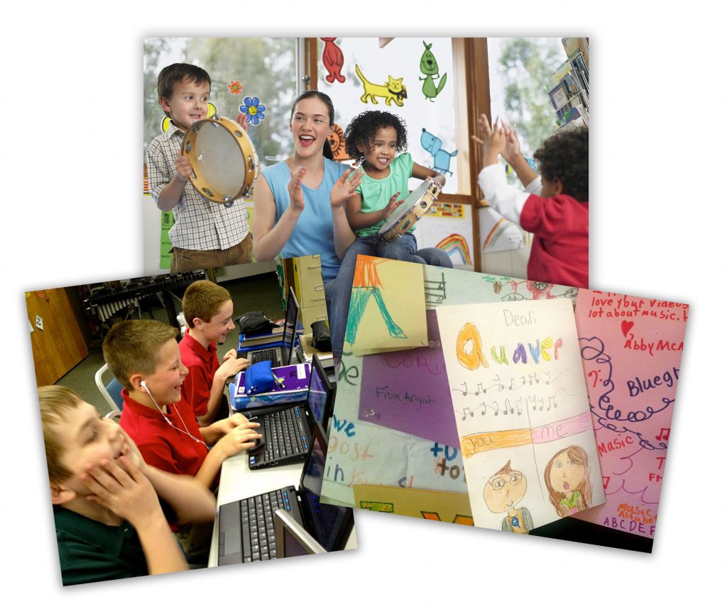 Collage of pictures including students a computer, a teacher playing music with students, and a letter from students to Quaver.
