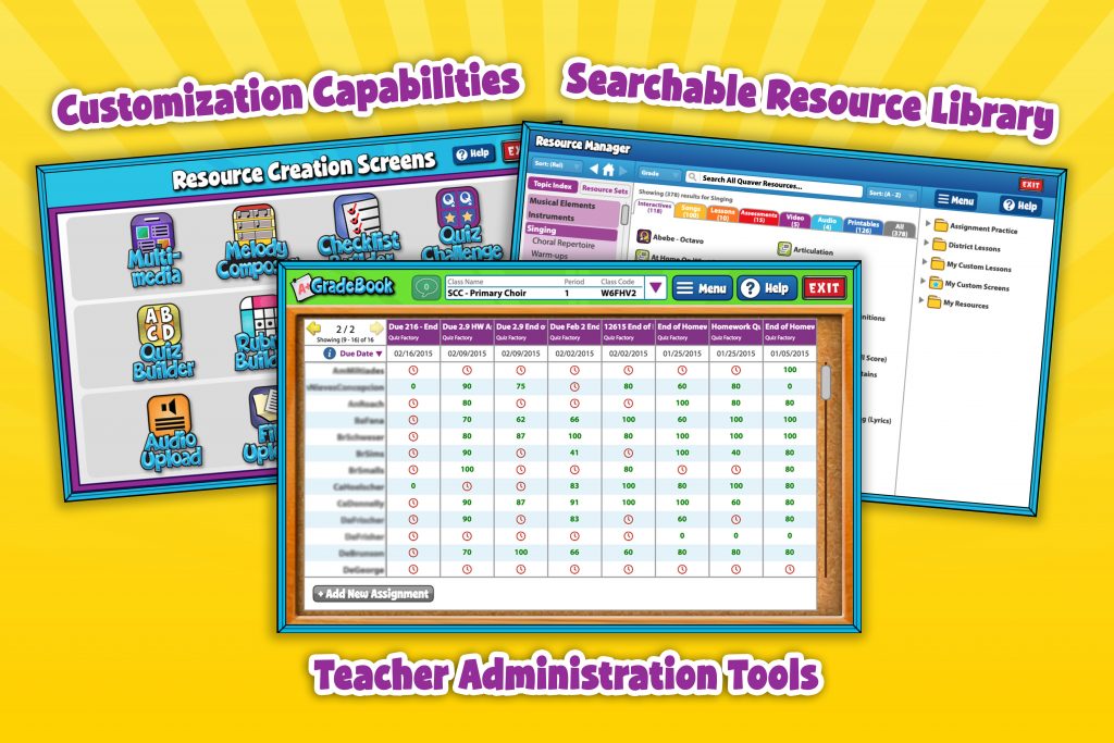 Tools&Features – QuaverEd Three screens representing features of an online teaching platform.