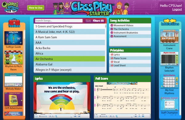 The Quaver Classplay Starter! An Introductory product with songs and activities in a simple dashboard.