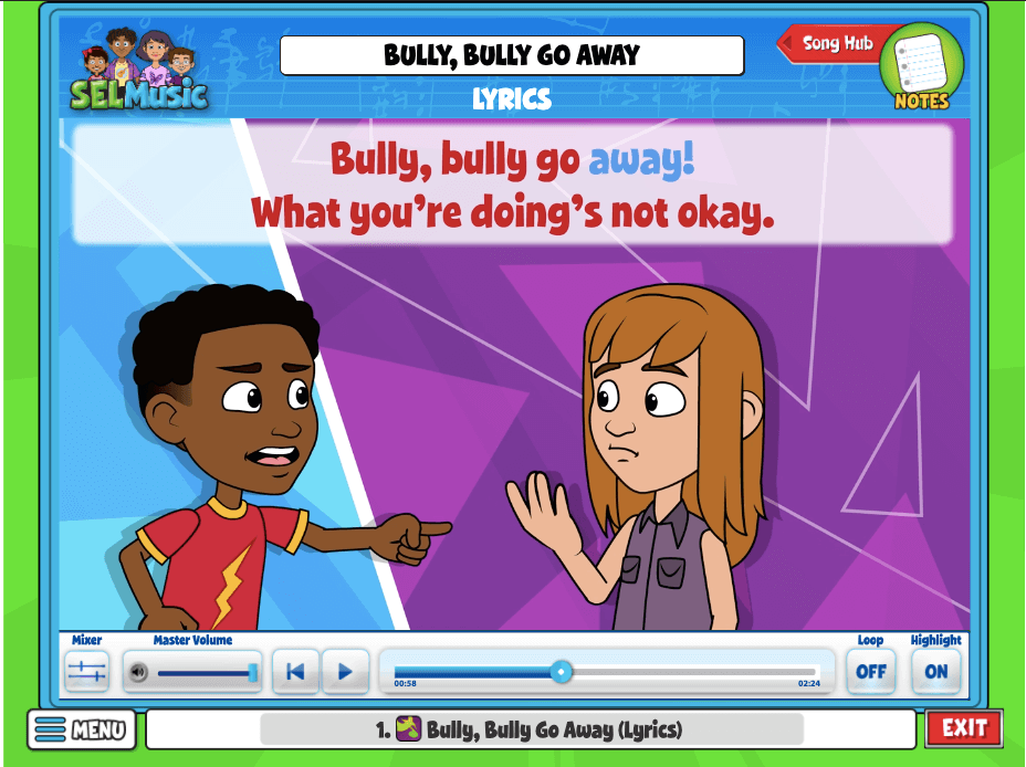 The QuaverSEL song "Bully, Bully Go Away" helps students to identify bullying behavior and ways that they can stop the behavior.