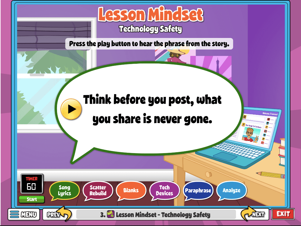 Technology Safety Lesson Mindset reminds students "Think before you post, what you share is never gone"!