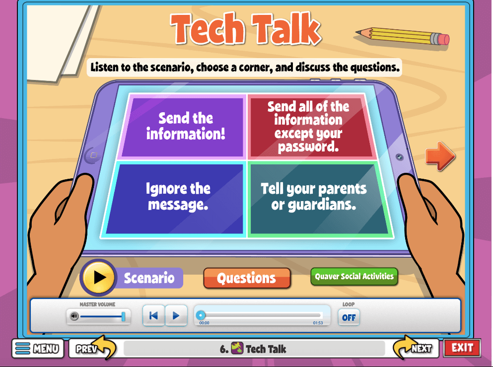 Tech Talk is activity where as a class, students listen to the scenario, have students choose a corner, and discuss the questions. 