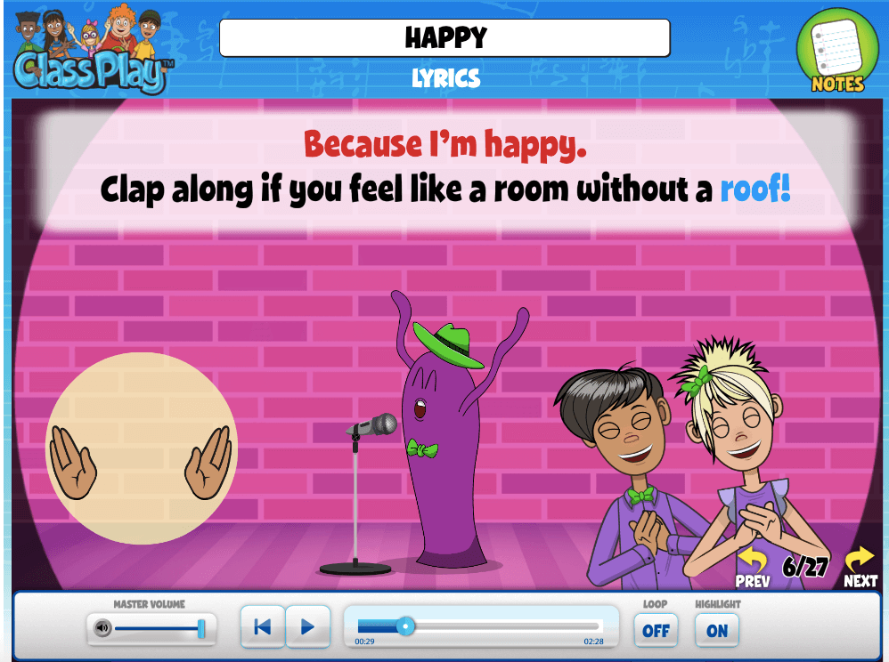Happy! This familiar tune by Pharrell Williams is fun to sing and dance to! It also encourages students to explore what happiness means to them.