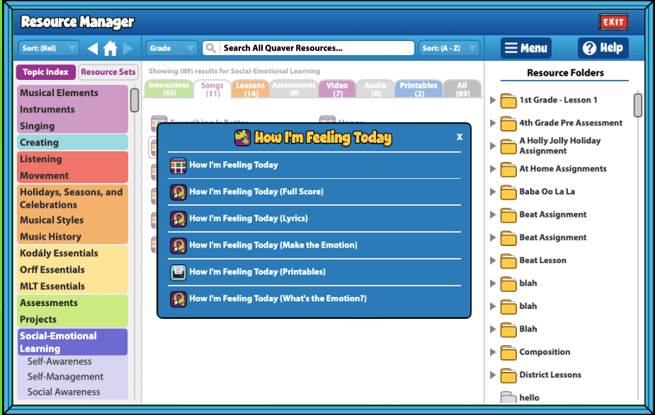 The lesson plan and activities for How I'm Feeling Today can be accessed from Quaver Resource Manager 