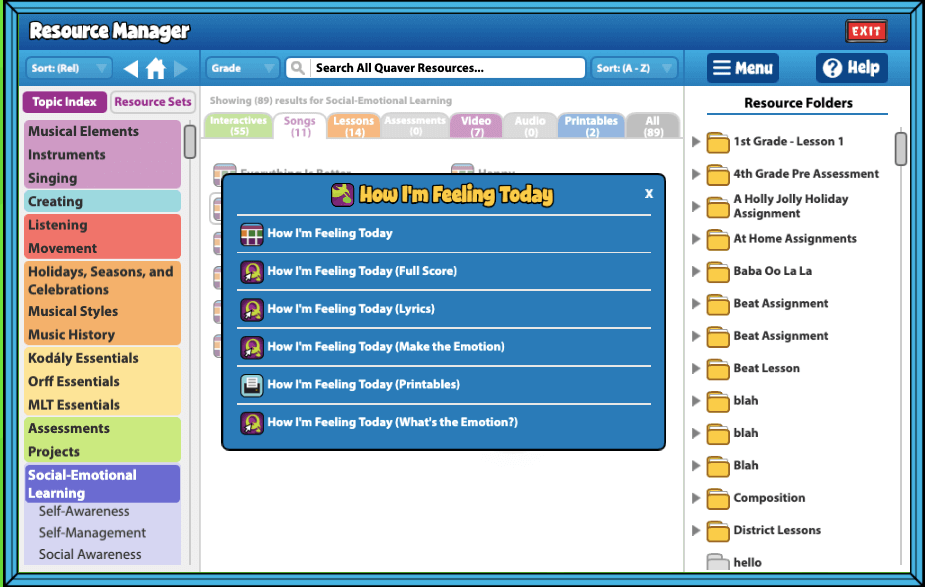 The lesson plan and activities for How I'm Feeling Today can be accessed from Quaver Resource Manager