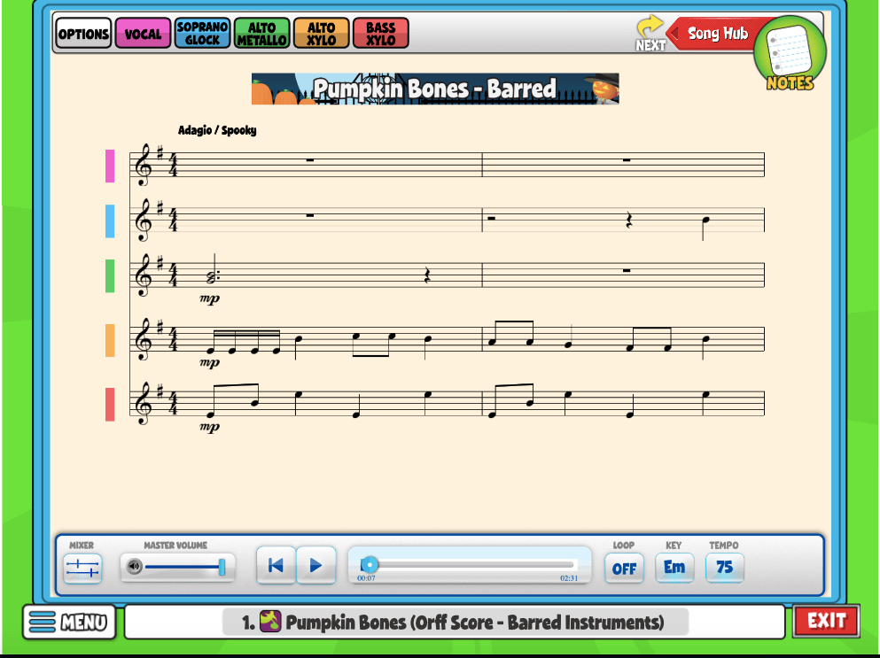 Have you discovered the Pumpkin Bones Orff Score? You can find this activity in the Song Hub of "Pumpkin Bones" in ClassPlay or by searching "Pumpkin Bones" in Resource Manager. 
