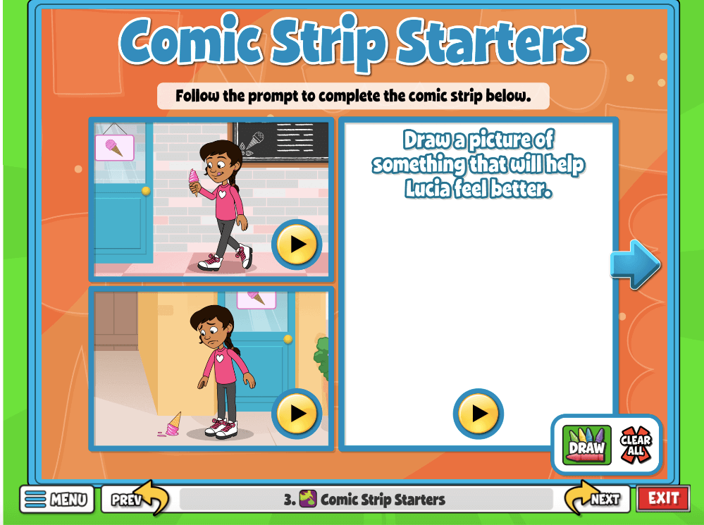 Activity, Comic Strip Starters  reinforces the focus of creating a safe and supportive space for students to express feelings of grief. 