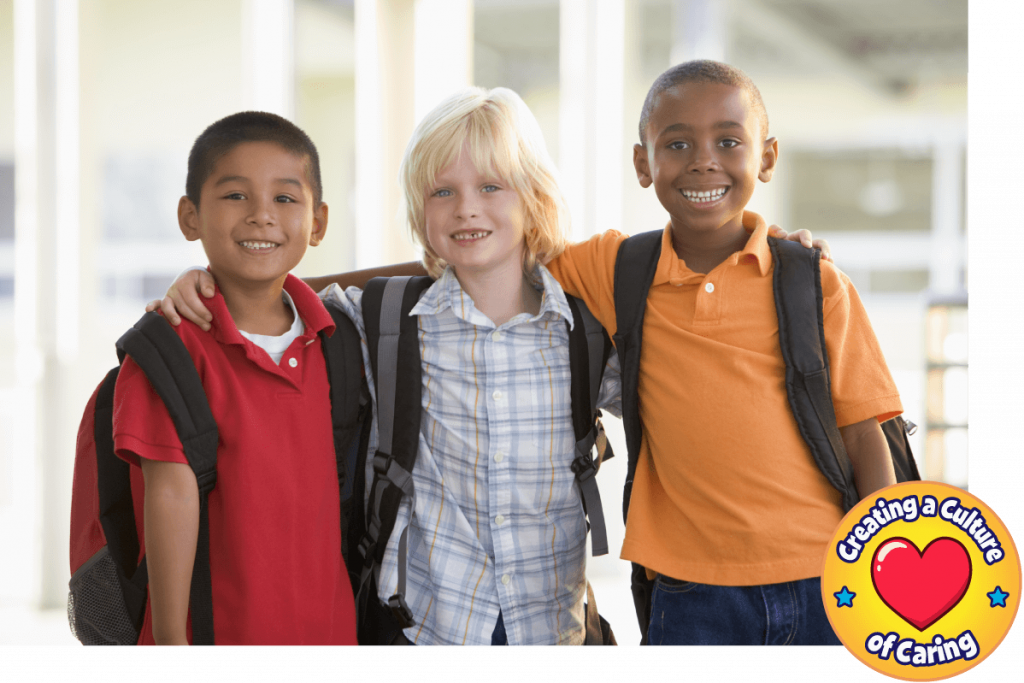 three boys stand together in backpacks with a badge on the photo that says Creating a Culture of Caring
