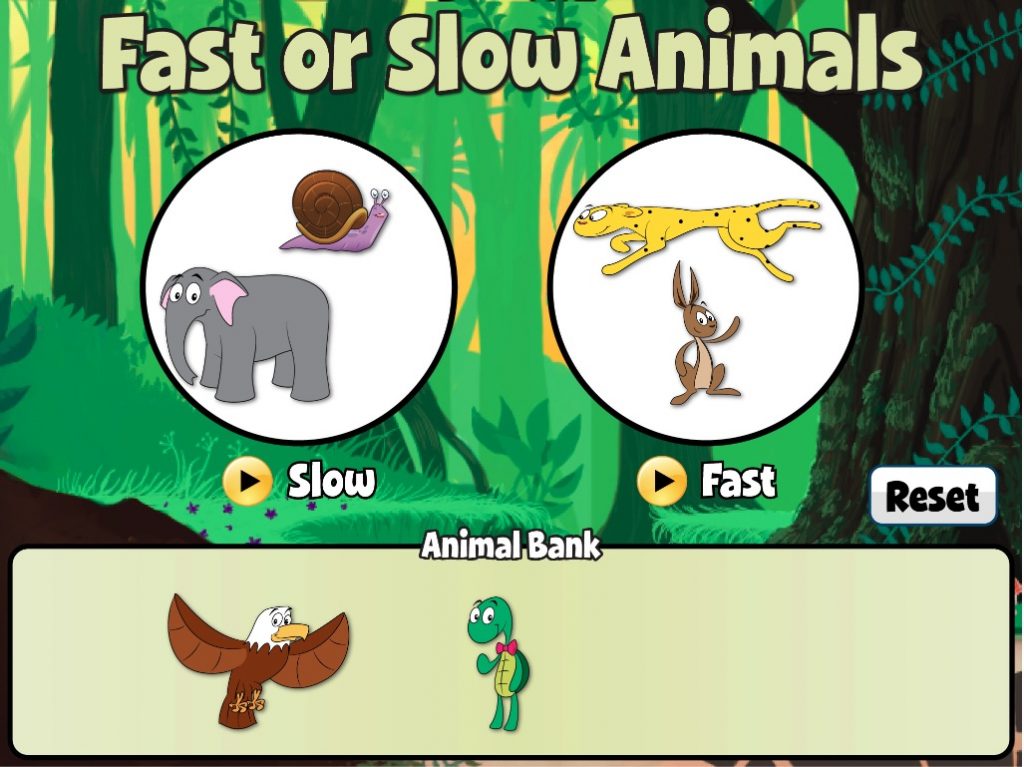 Interactive game for students to sort animals by fast or slow - Click to Play