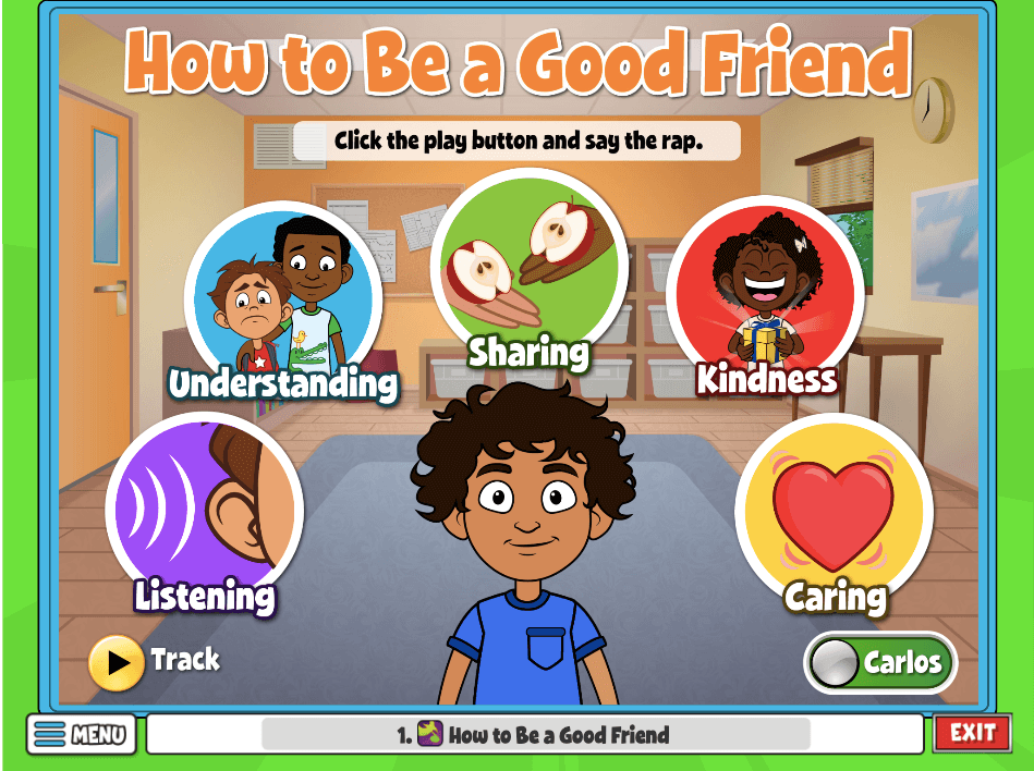 In the activity How To Be A Good Friend, students click the icon to learn characteristics of a good friend like Listening and Understanding!