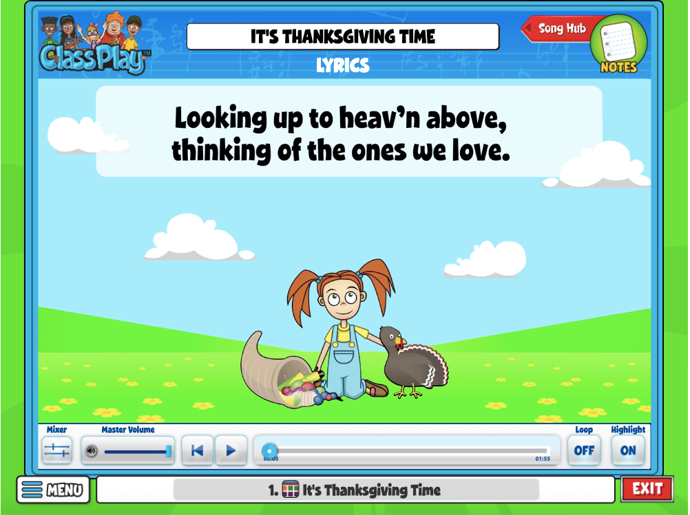 It's Thanksgiving Time Lyrics! Available to listen and sing in your Quaver Classplay or Resource Manager! 