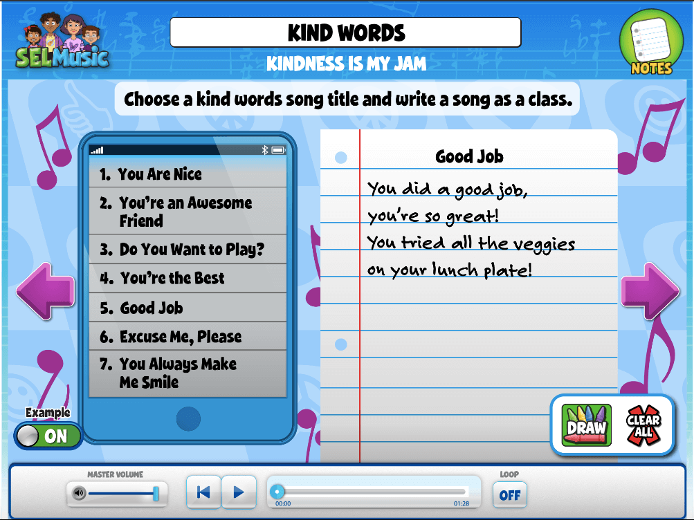 Activity that encourages students kindness and composing a song as a class that incorporates kind words.