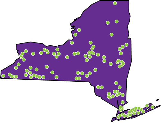 Map of the state of New York with dots where Quaver customer schools are represented