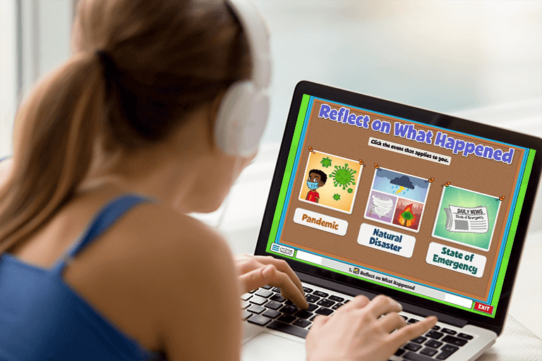 Young girl explores an activity on her computer called Reflect on What Happened from Quaver SEL