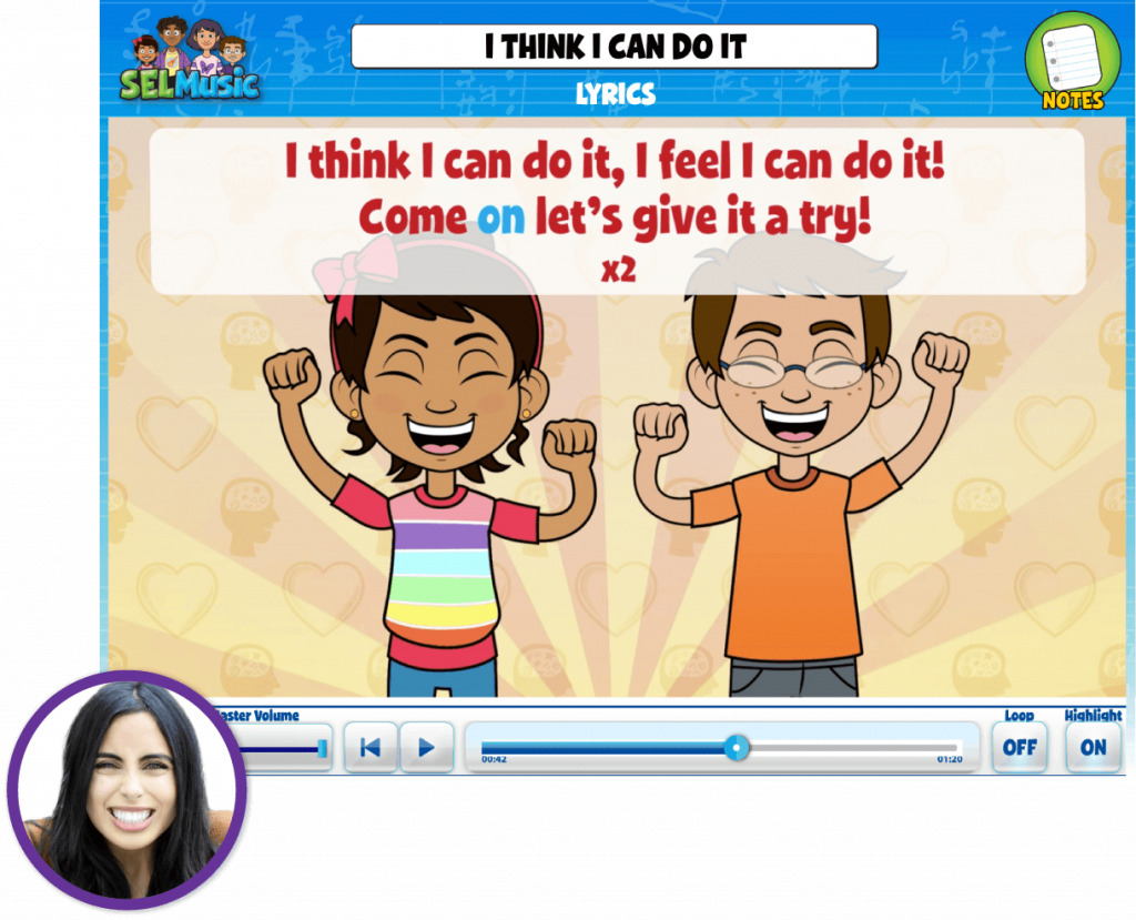 Teacher Cindy Fuentes inset over Quaver SEL song called I Think I Can Do It