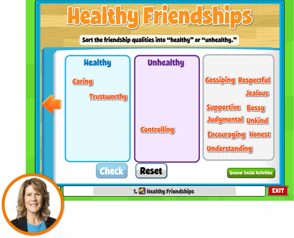School Counselor Heather Eskridge inset over a screen from QuaverSEL that she uses with her students to develop Healthy Friendships