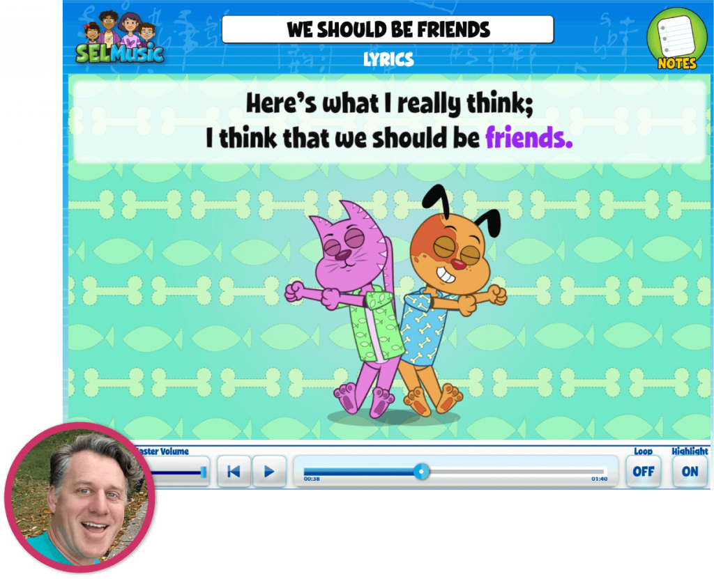 Teacher Tad Sekeres inset over a screen from Quaver SEL that he uses with his students called We Should be Friends