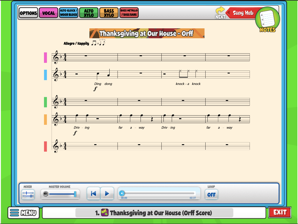 With the Thanksgiving at Our House Orff Score Screen, you can change from vocal to your favorite instrument!