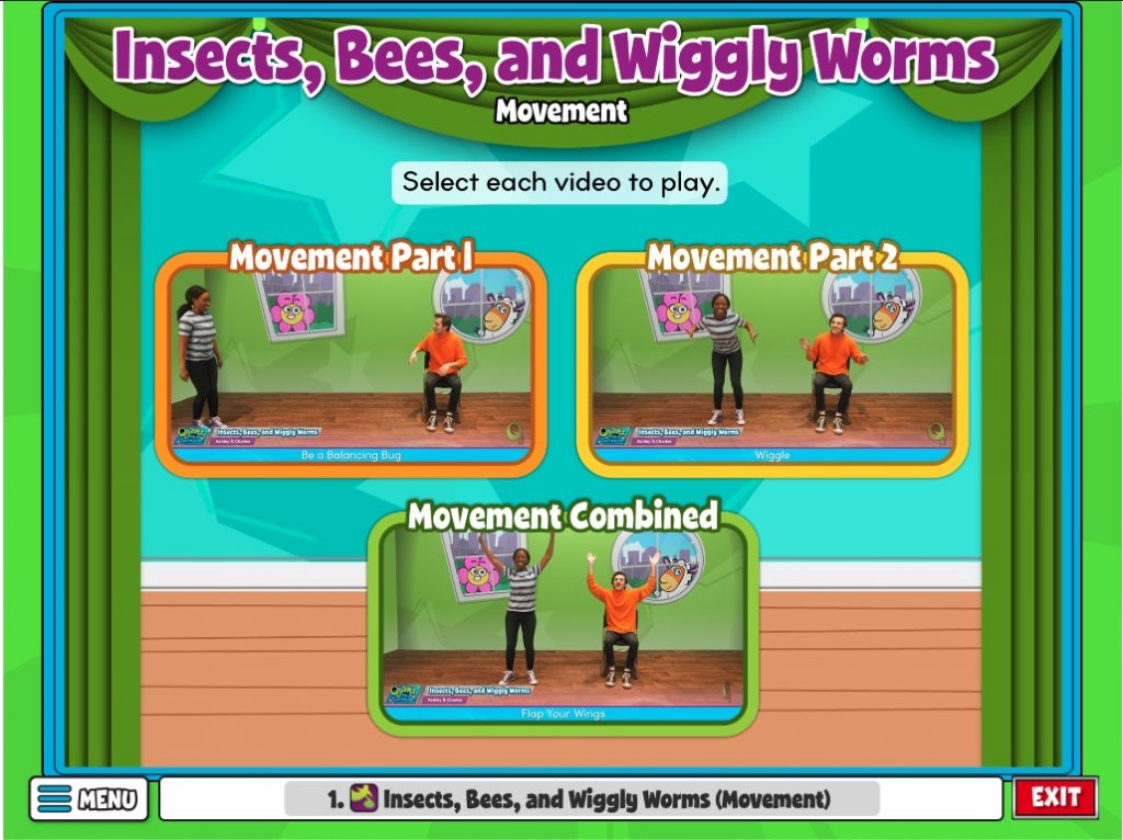 Three videos feature example movements for children to follow to move like insects, bees, and wiggly worms - Click to play