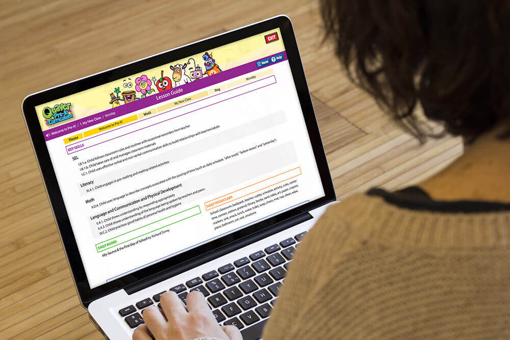 FullSize_CurriculumOverview_ComputerView – QuaverEd Teacher exploring a Quaver Pre-K lesson on a laptop