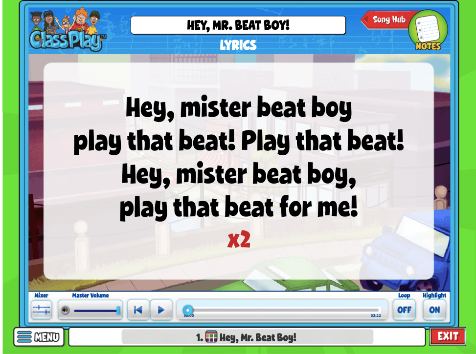 Song from Quaver Music general music curriculum called Hey, Mr Beat Boy!