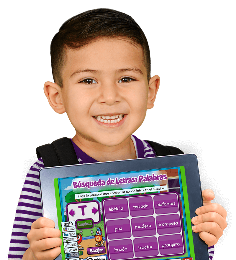 Hispanic boy holding iPad with Pre-K activity on the screen