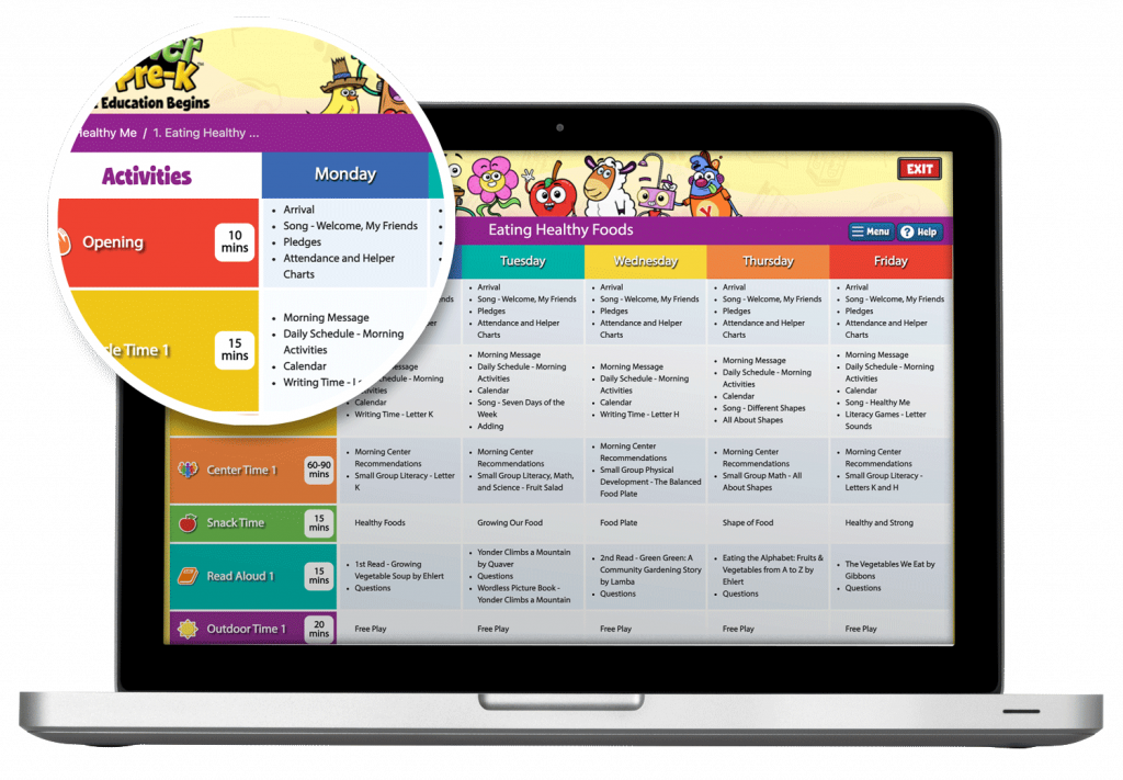 Laptop_wScreen3 – QuaverEd Laptop with Quaver screen and magnifying glass showing activities planned for Monday
