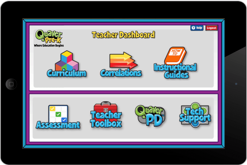 PreK_DashboardOniPad – QuaverEd Quaver Pre-K Teacher Dashboard on a tablet.