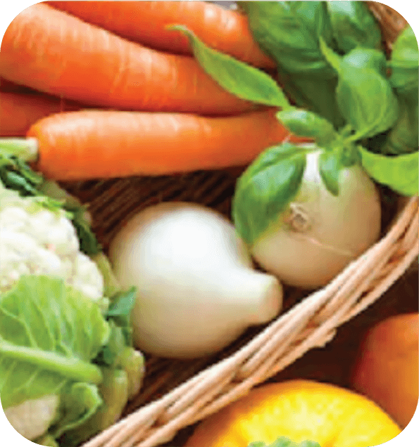 Un primer plano de las verduras en una canasta que representan el tema Healthy Me de Quaver Pre-K
