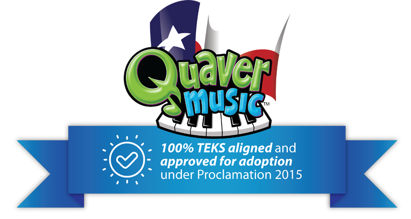 Quaver Music Texas Logo. 100% TEKS aligned and approved for adoption under proclamation 2015