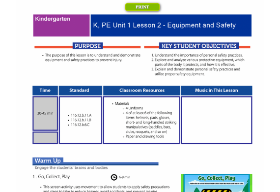 Captura de pantalla de un plan de lección de educación física de jardín de infantes sobre equipos y seguridad. Incluye el propósito, los objetivos clave del estudiante, el tiempo esperado, los recursos del salón de clases y la música en la lección.