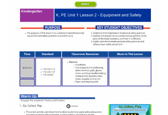 Kindergarten PE Lesson Plan – QuaverEd Screenshot of a Kindergarten PE Lesson Plan about Equipment and safety. It includes purpose, key student objectives, expected time, classroom resources, and music in the lesson.