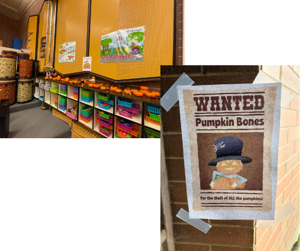 Wanted Poster hung on brick wall
Teachers classroom with pumpkins