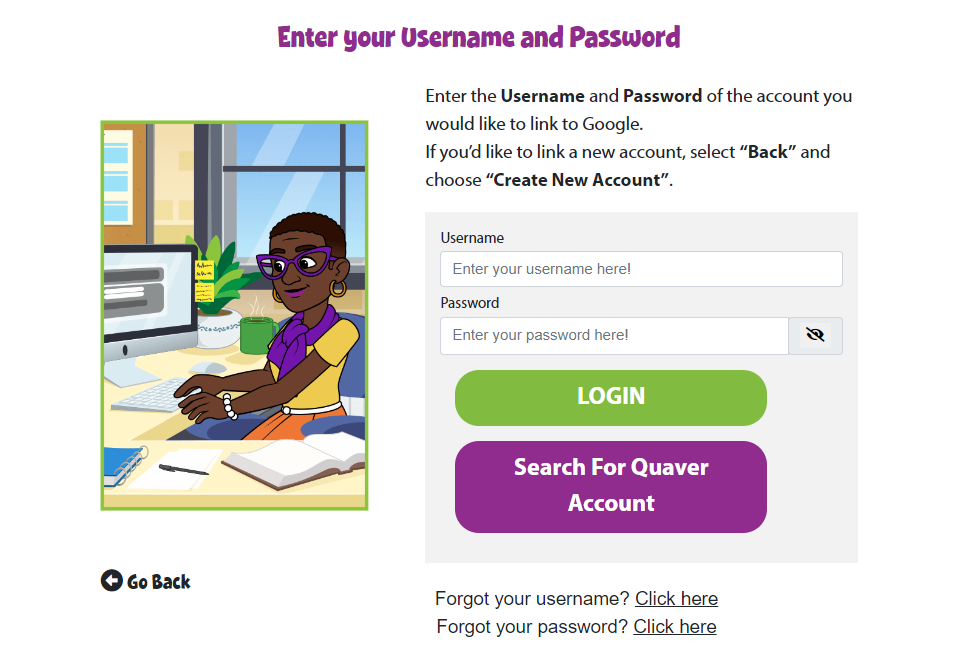 Curriculum screenshot for username and password. 