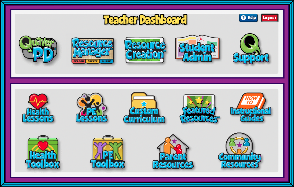 Quaver Health and PE dashboard showing Quaver PD, Resource Manager, Resource Creation, Students Admin, Q Support, Health Lessons, PE Lessons, Custom Curriculum, Featured Resources, Instructional Guides, Health Toolbox, PE Toolbox, Parent Resources, and Community Resources. 