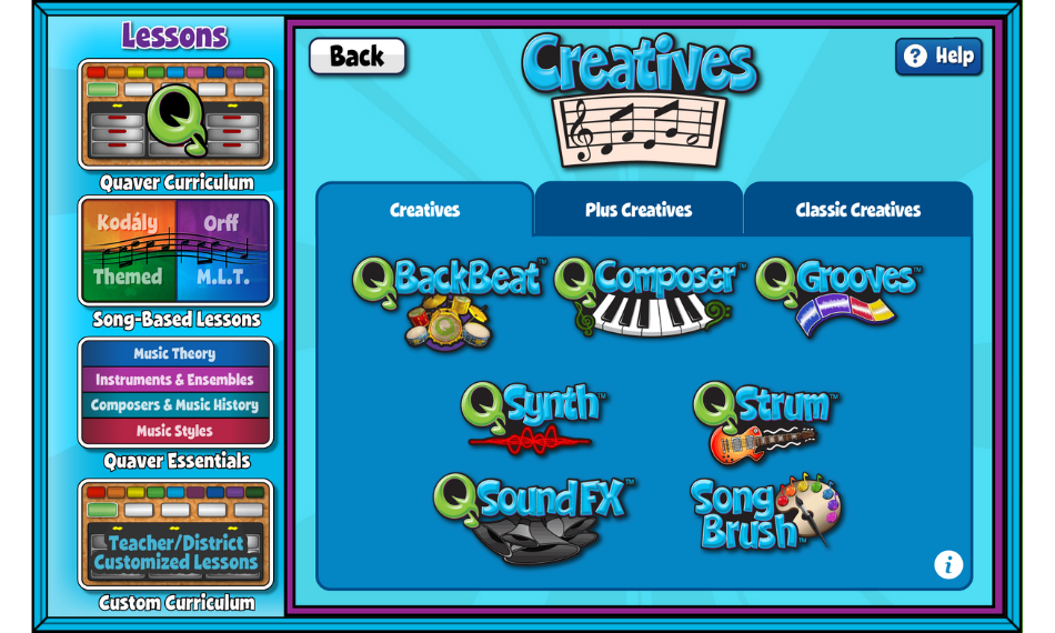 Screenshot of the Quaver Music Creatives dashboard that includes a view of Q Backbeat, Q Composer, Q Grooves, Q Synth, Q Strum, Q Sound Fx, and Song Brush.