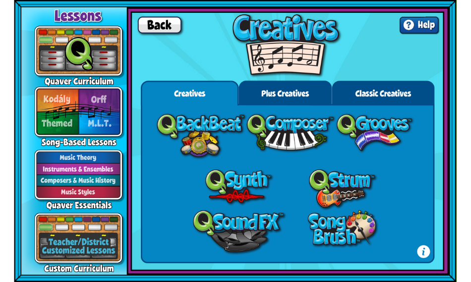 QuaverMusic_ProductSupport_Creatives – QuaverEd Screenshot of the Quaver Music Creatives dashboard that includes a view of Q Backbeat, Q Composer, Q Grooves, Q Synth, Q Strum, Q Sound Fx, and Song Brush.