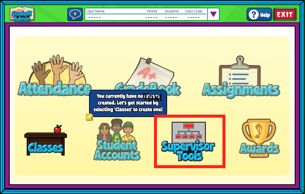 Screenshot of Student Admin menu with Supervisor tools icon selected