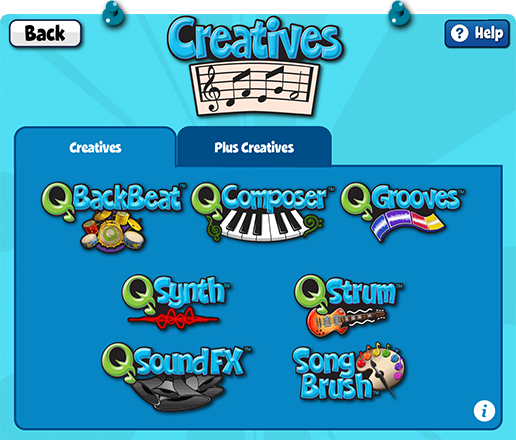 Quaver Ed creatives. Include Q backbeat, Q composer, Q grooves, Q synth, Q strum, Q sound FX, and Song brush. 