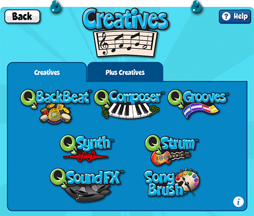 OurFeatures_CreativesScreen – QuaverEd Quaver Ed creatives. Include Q backbeat, Q composer, Q grooves, Q synth, Q strum, Q sound FX, and Song brush.