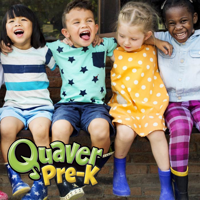 QuaverPre-K_Product – QuaverEd Four Quaver Pre-K students smiling together on a bench