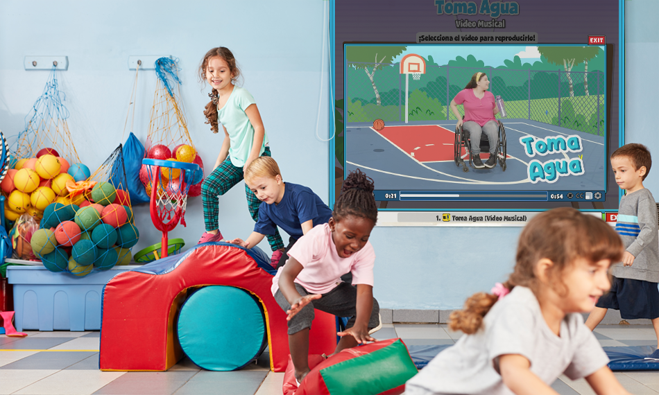 Young students move around on various gym objects in front of a screen with a student drining water and text reads "Toma Agua."