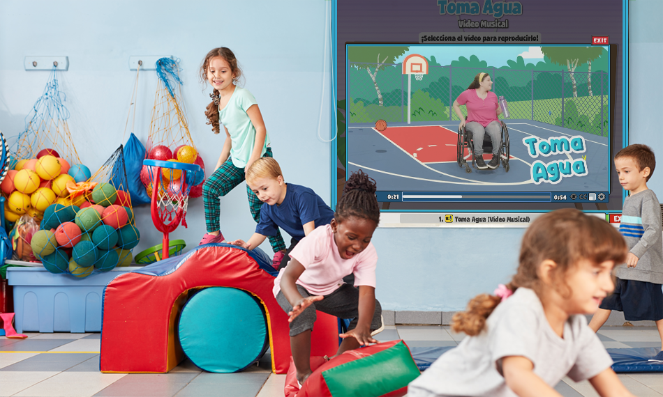 QuaverEd-Accessible-Content – QuaverEd Young students move around on various gym objects in front of a QuaverEd screen and text reads "Toma Agua."