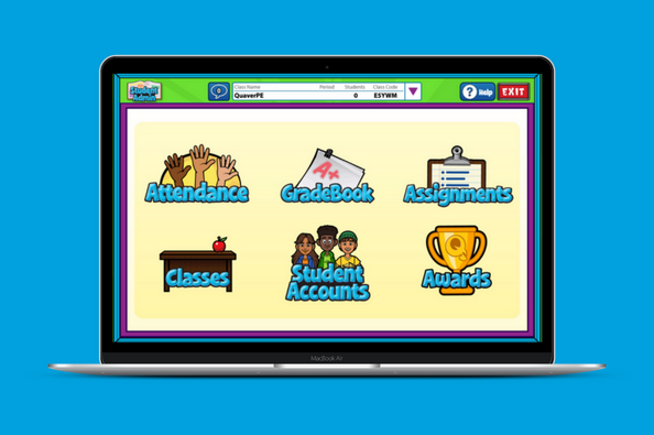 Una computadora portátil con las herramientas de administración de Quaver Music en la pantalla
