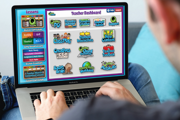A teacher uses the Quaver Music's Teacher Dashboard to access supplemental resources.