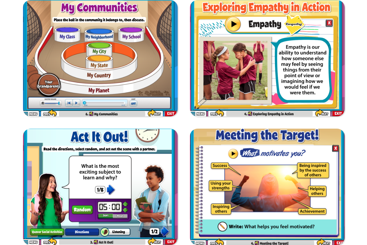 Screenshots of the new upgrades coming to Quaver Ready. They include Act It Out, My Communities, Exploring Empathy in Action, and Meeting the Target.