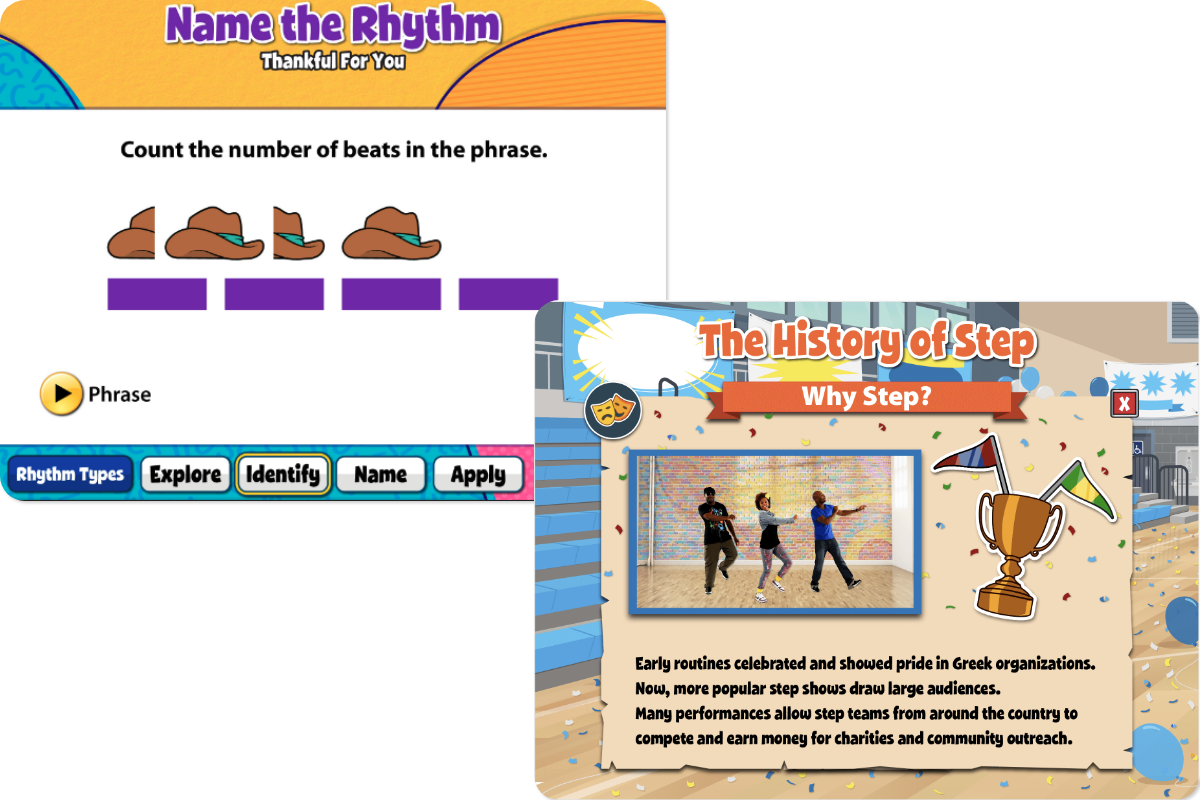 Screenshots from Quaver Music showing new lessons for 5th grade
