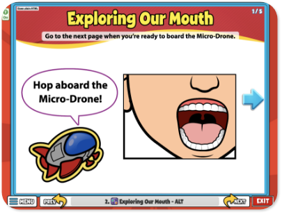 A screenshot of a cartoon mouth from an oral health lesson within Quaver Health PE. The text on the image says "Exploring Our Mouth." The lesson is enhanced visually for accessibility.