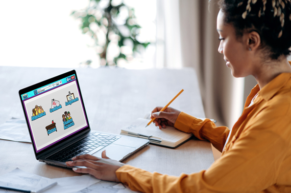 Woman on her laptop looking at the Quaver Health PE admin tools screen.